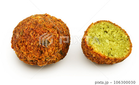 falafel ball with half isolated on a white background with full depth of field falafel ball with half isolated on a white background with full depth of field 106300030