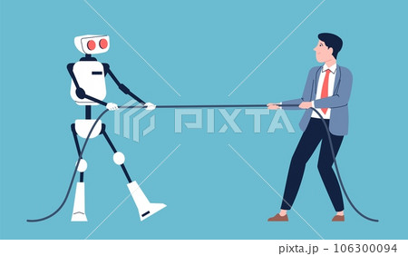 Cyber challenge, robot and person career competition. Unemployment, technology vs human resource. War between machine and people, recent vector scene Cyber challenge, robot and person career competition. Unemployment, technology vs human resource. War between machine and people, recent vector scene 106300094