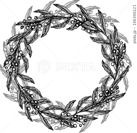 Vector wreath with leaves and berries. Composition of ink hand drawing wild plants and herbs, monochrome artistic botanical illustration for backgrounds. Temlate for wedding cards and polygraphy Vector wreath with leaves and berries. Composition of ink hand drawing wild plants and herbs, monochrome artistic botanical illustration for backgrounds. Temlate for wedding cards and polygraphy 106300221