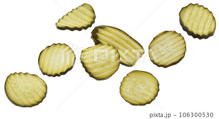 Pickled and marinated zucchini slices isolated on white background 106300530