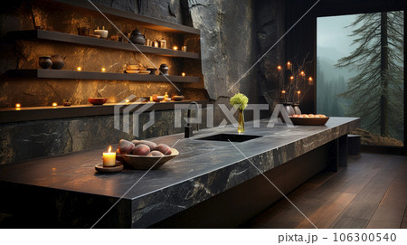 A luxurious desk in the library in a rich house. Dark tones A luxurious desk in the library in a rich house. Dark tones 106300540