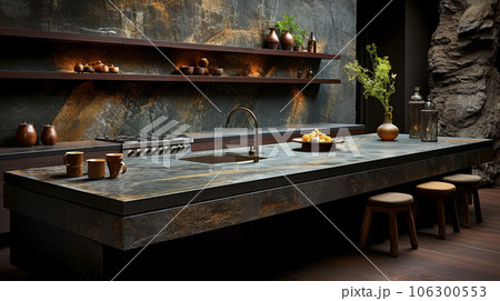 A luxurious desk in the library in a rich house. Dark tones A luxurious desk in the library in a rich house. Dark tones 106300553