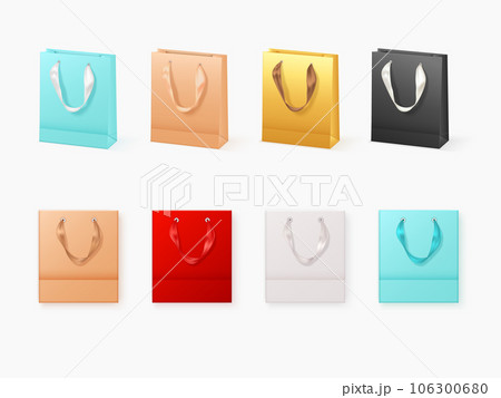 Realistic bags handles. Fashion shopping bag group with color handle, shopper concept paper cardboard handbags mockup for present Realistic bags handles. Fashion shopping bag group with color handle, shopper concept paper cardboard handbags mockup for present 106300680