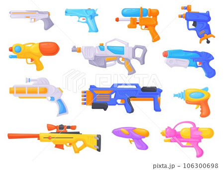 Cartoon toy guns. Futuristic plastic weapon for children games, water gun plasma blaster of space aliens laser ray pistol arms raygun, kid hero equipment neat vector illustration Cartoon toy guns. Futuristic plastic weapon for children games, water gun plasma blaster of space aliens laser ray pistol arms raygun, kid hero equipment neat vector illustration 106300698