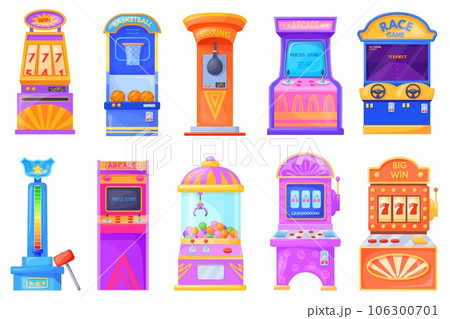 Amusement machines. Cartoon game machine kids center attraction carnival park, retro arcade battle video games boxing basketball gambling slots machinery, neat vector illustration 106300701