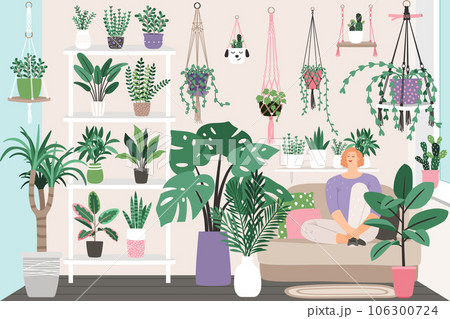 Houseplants in trendy hygge style. Collection of Home plants in flower pots. Urban jungle decor set . Evergreen plants in planters hanging in woven macrame 106300724