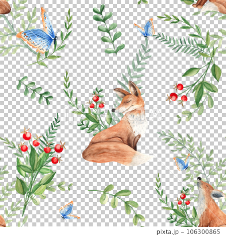 Seamless watercolor pattern with mother and baby fox, green leaves and red berries, fern, branches, blue butterfly. Botanical summer hand drawn illustration. Can be used for gift wrapping paper, kids 106300865