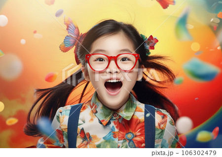 School pupil, happy and excited Asian girl in glasses on colorful background, back to school concept School pupil, happy and excited Asian girl in glasses on colorful background, back to school concept 106302479