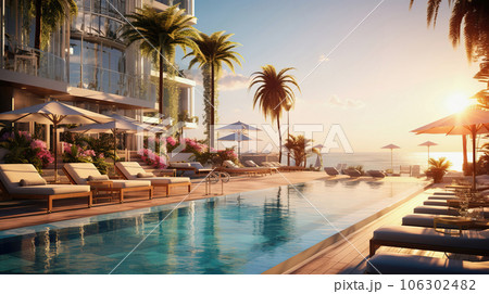 Luxury tropical resort with swimming pool and loungers umbrellas. Sea with blue sky in background 106302482