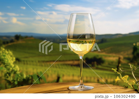 One glass of white wine and green landscape view, product display for wine testing 106302490