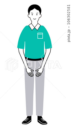 お辞儀をする宅配便の配達スタッフの男性のイラスト（帽子無し） 106302581