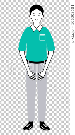 お辞儀をする宅配便の配達スタッフの男性のイラスト（帽子無し） 106302581