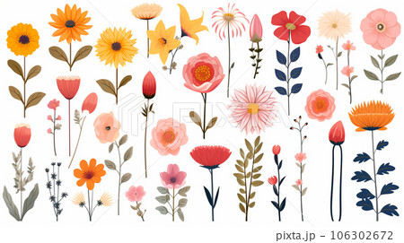 バリエーション豊かな色々な花のアイコンのリファレンスシート