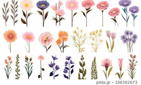 バリエーション豊かな色々な花のアイコンのリファレンスシート