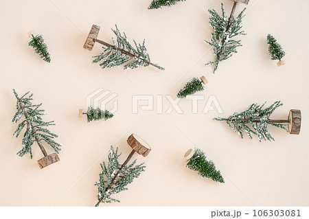Winter holidays arrangement. Toy fir trees layout. Winter holidays arrangement. Toy fir trees layout. 106303081
