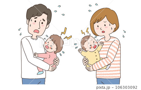 泣いている赤ちゃんを抱っこするお父さんとお母さんの上半身イラスト 泣いている赤ちゃんを抱っこするお父さんとお母さんの上半身イラスト 106303092