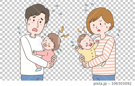 父親和母親抱著哭泣的嬰兒的上半身插圖 106303092
