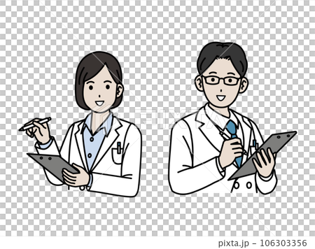 カウンセリングをする白衣を着た男女の医師 106303356