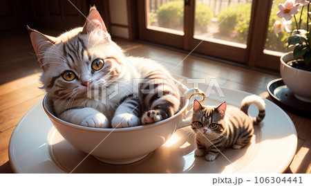 テーブルの上でティーカップに入る可愛い子猫①のイラスト素材 [106304441] - PIXTA