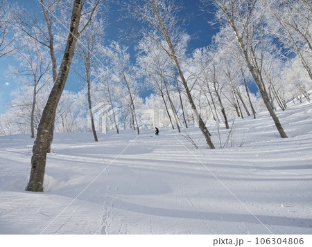 冬の斑尾高原スキー場　リバーラインのツリーランコースを滑るボーダー 106304806