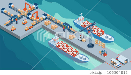 Maritime transport logistics with Steel Container Loading on Industrial Ship by Crane and Warehouse Work Process. vector illustration eps10 106304812