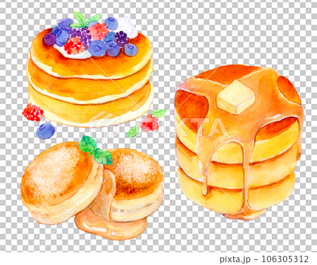 手描きイラスト　ミニ色紙　夏喫茶/ホットケーキ ホットケーキのセット 水彩イラストのイラスト素材 [106305312