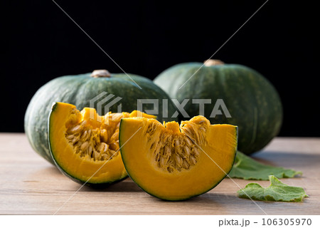 Green pumpkin on wooden with black background, Organic vegetable in autumn season Green pumpkin on wooden with black background, Organic vegetable in autumn season 106305970