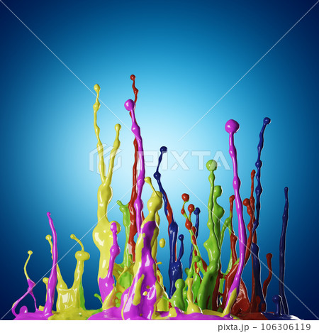 Colored paint splashes on blue background Colored paint splashes on blue background 106306119