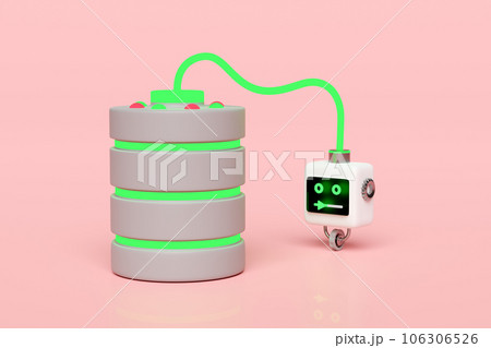 Artificial Intelligence, Machine Learning with robot reading data storage isolated on pink background. education, knowledge creates ideas concept, 3d render illustration 106306526