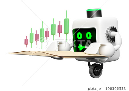 3d Artificial Intelligence, Machine Learning with robot reading book isolated. learn about stocks concept, 3d render illustration 106306538