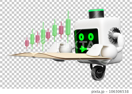 3d Artificial Intelligence, Machine Learning with robot reading book isolated. learn about stocks concept, 3d render illustration 106306538