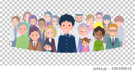 A set of school run male students standing in front of a large number of people 106306618