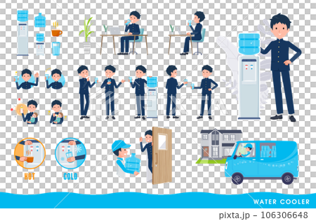 一套飲水機和校辦男學生。易於編輯的矢量藝術。 106306648