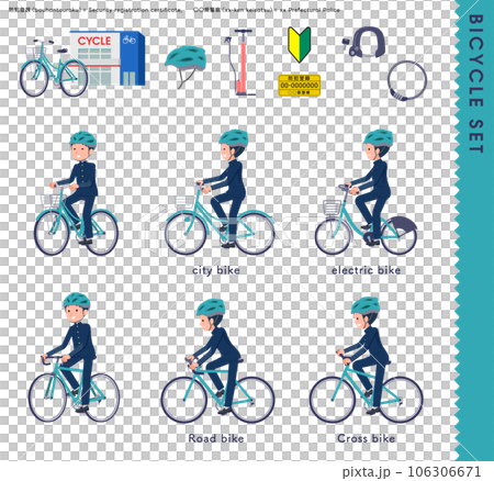 A set of school run male students riding various bicycles A set of school run male students riding various bicycles 106306671