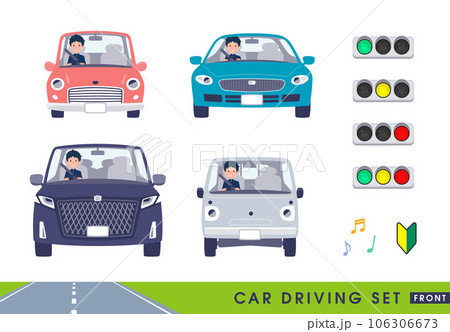 車を運転する学ラン男子学生のセット。正面向き 車を運転する学ラン男子学生のセット。正面向き 106306673