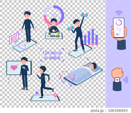 スマートフォンで行動と健康を管理している学ラン男子学生のセット 106306693