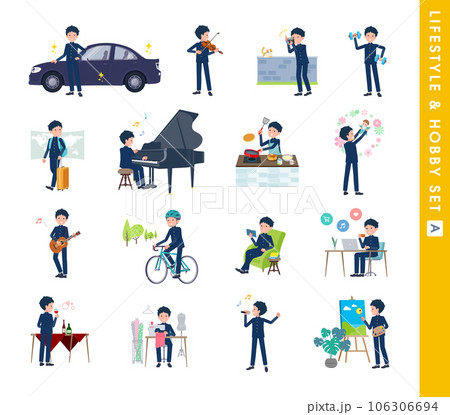 趣味とライフスタイルに関する学ラン男子学生のセット。Aタイプ 106306694