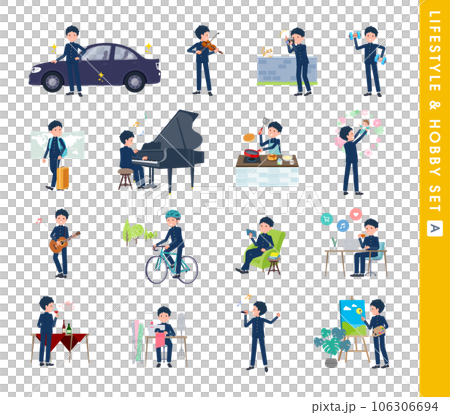 一組關於愛好和生活方式的學蘭男學生。 A型 106306694