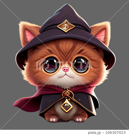 Cute kitten in a witch costume. Halloween theme. 3D rendering. AI-generative Cute kitten in a witch costume. Halloween theme. 3D rendering. AI-generative 106307023