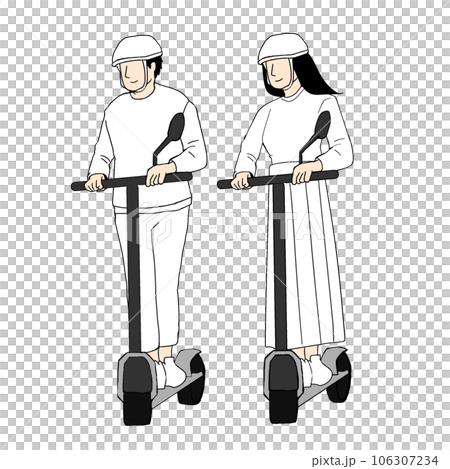 電動キックボードに乗る男女のイラスト。キックスクーターでデートするカップル 106307234