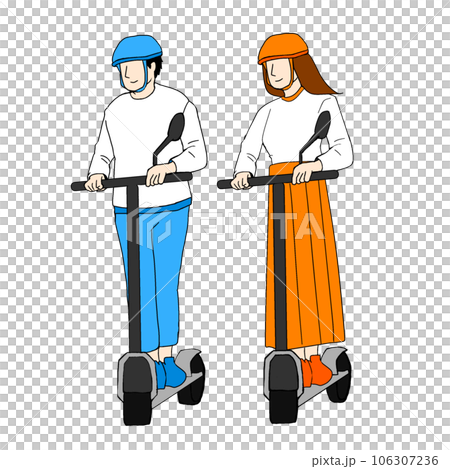 電動キックボードに乗る男女のイラスト。キックスクーターでデートするカップル 106307236