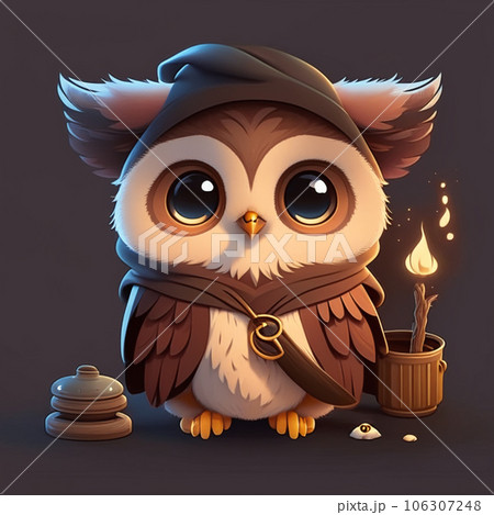 3d illustration of a witch character in the form of an owl. AI-generative 3d illustration of a witch character in the form of an owl. AI-generative 106307248