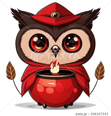 An owl wearing a wizard's costume with a candle in a pot. Halloween decorations AI-generative  106307353