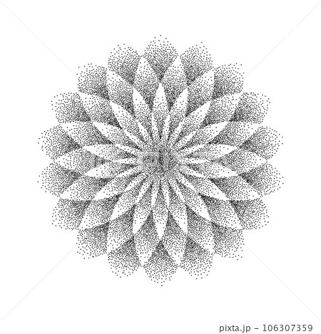 Stipple flower background. Dotted ornament mandala. Noise grain shape. Pixel black floral petals decoration. Radial dotwork pattern design for tattoo, poster, clothes, badge, sticker. Vector 106307359