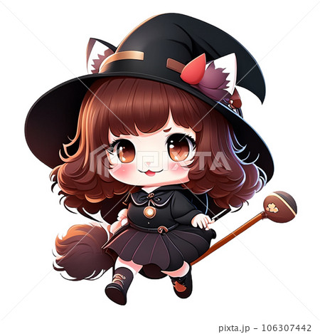 Cute little girl in witch costume with magic wand. Vector illustration. AI-generative Cute little girl in witch costume with magic wand. Vector illustration. AI-generative 106307442