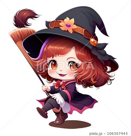 Cute little girl in witch costume with magic wand. Vector illustration. AI-generative  106307443
