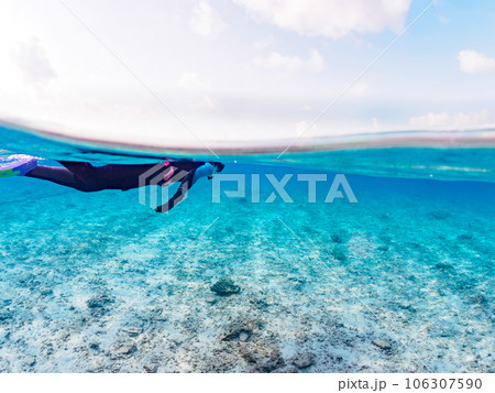 美しい白砂のビーチで泳ぐダイバーの半水面撮影(沖縄県島尻郡慶良間諸島座間味島阿真ビーチ) 美しい白砂のビーチで泳ぐダイバーの半水面撮影(沖縄県島尻郡慶良間諸島座間味島阿真ビーチ) 106307590