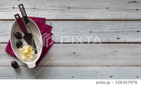 Concept of home baking. Plum Pie Ingredients 106307976