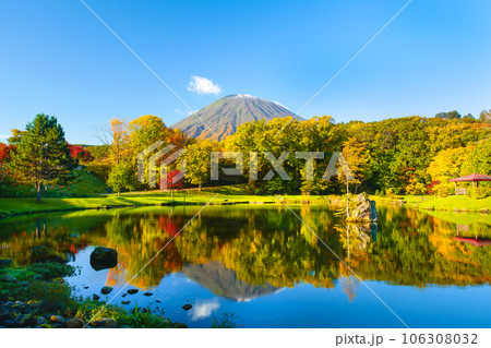 北海道虻田郡京極町・秋、紅葉真っ盛りのふきだし公園の池に写る、羊蹄山 106308032
