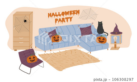 Cozy living room decorated for the holiday. Halloween pumpkins and candles. Banner, poster, web page design. Vector flat illustration. 106308297